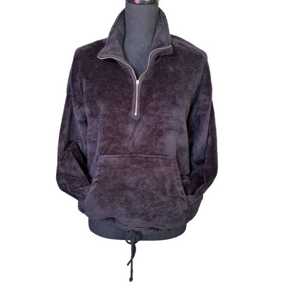 Old Navy Black Cropped Fleece Pullover Comfy Fuzzy Soft Plush Half Zip Drawstrin - Picture 1 of 7